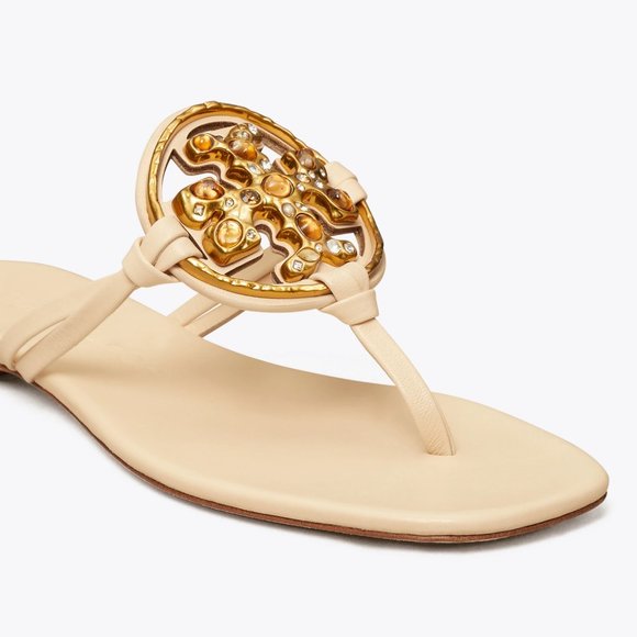 Tory Burch NIB Miller Jeweled Leather Thong Sandals Brie Cream Beige - Picture 14 of 15